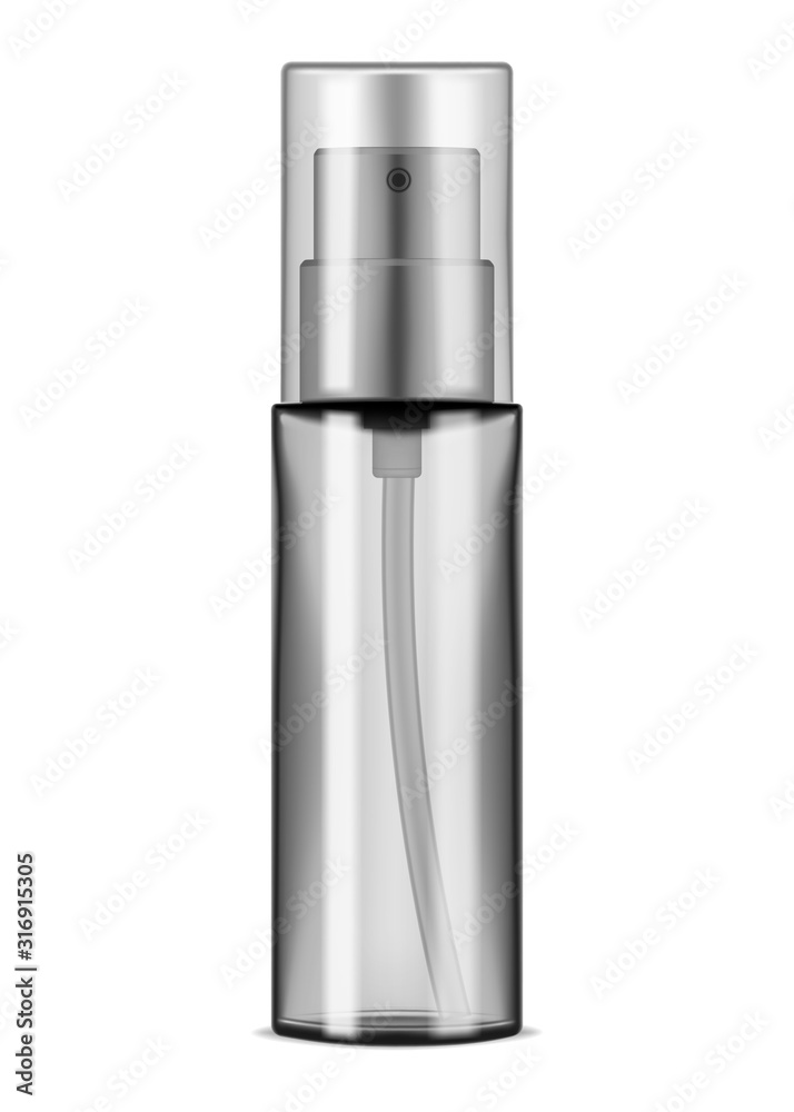 Clear spray or pump dispenser bottle with transparent cap isolated on white background, realistic vector mockup. Template for design Clear spray or pump dispenser bottle with transparent cap isolated on white background, realistic vector mockup. Template for design
