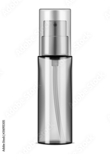Clear spray or pump dispenser bottle with transparent cap isolated on white background, realistic vector mockup. Template for design