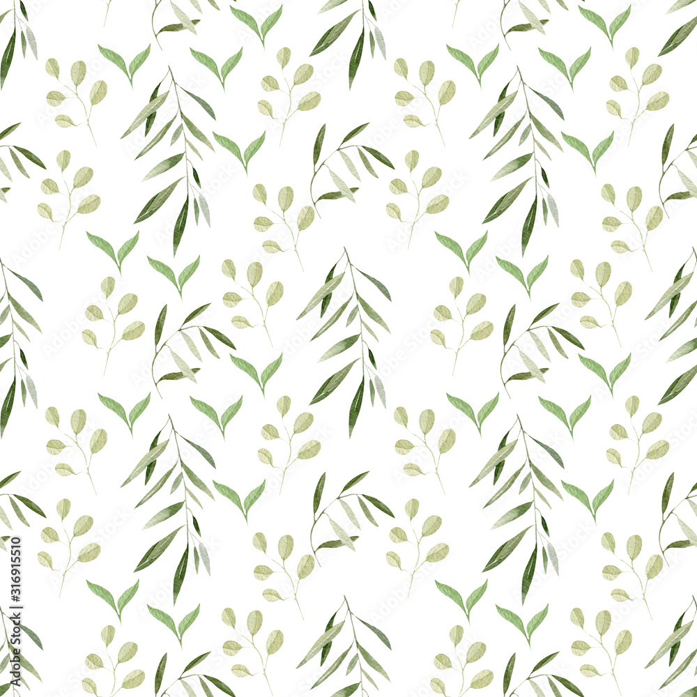 Watercolor pattern green leaves spring illustration seamless pattern