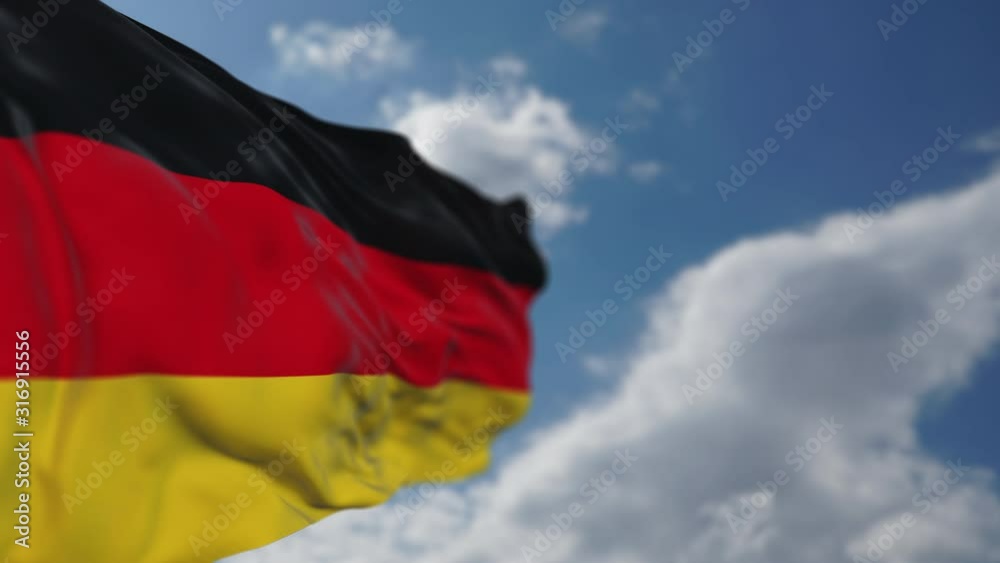 Waving 3D render realistic 4K German flag in cloudy sky. Strong depth of field creates large copy space. Loopable video, duration can be adjust. Waving 3D render realistic 4K German flag in cloudy sky. Strong depth of field creates large copy space. Loopable video, duration can be adjust.