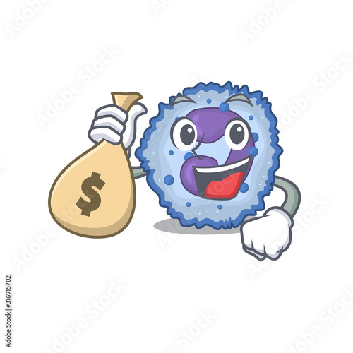 Happy rich basophil cell cartoon character with money bag