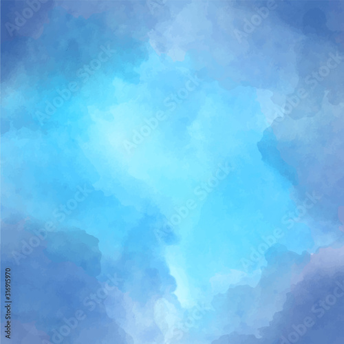 Background with testure watercolor clouds in blue. Clearance in the clouds, hope.