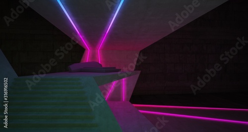 Abstract architectural concrete interior of a minimalist house with colored neon lighting. 3D illustration and rendering.