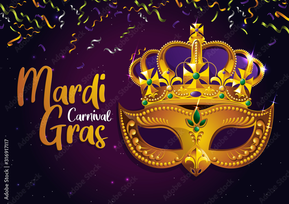 Mardi Gras, Carnival Party, Golden mask with crown, picture for gretting card banner, poster,  template, Flyer & brochure On background sparkling stars, vector illustration, EPS10.