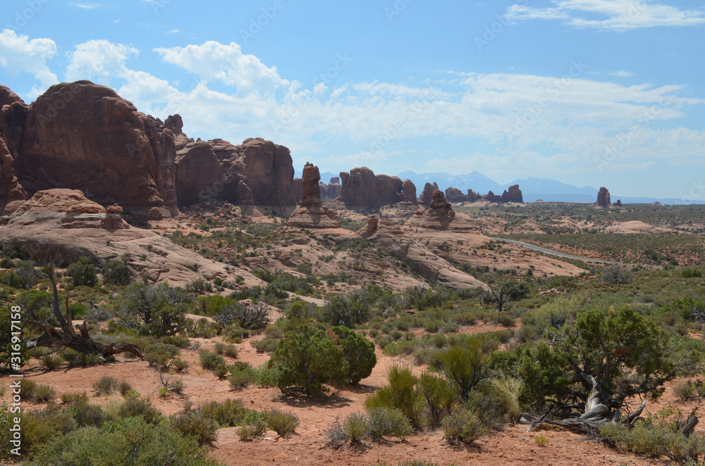 Early Summer in Utah: Looking Southeast from the Garden of Eden in Arches National Park to the Pinnacles and Formations of The Windows Section and the La Sal Mountains