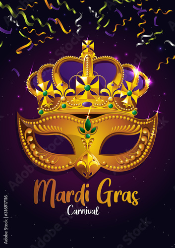Mardi Gras, Carnival Party, Golden mask with crown, picture for gretting card banner, poster,  template, Flyer & brochure On background sparkling stars, vector illustration, EPS10.