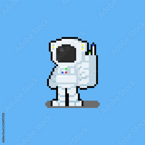 Pixel art cartoon astronaut character.