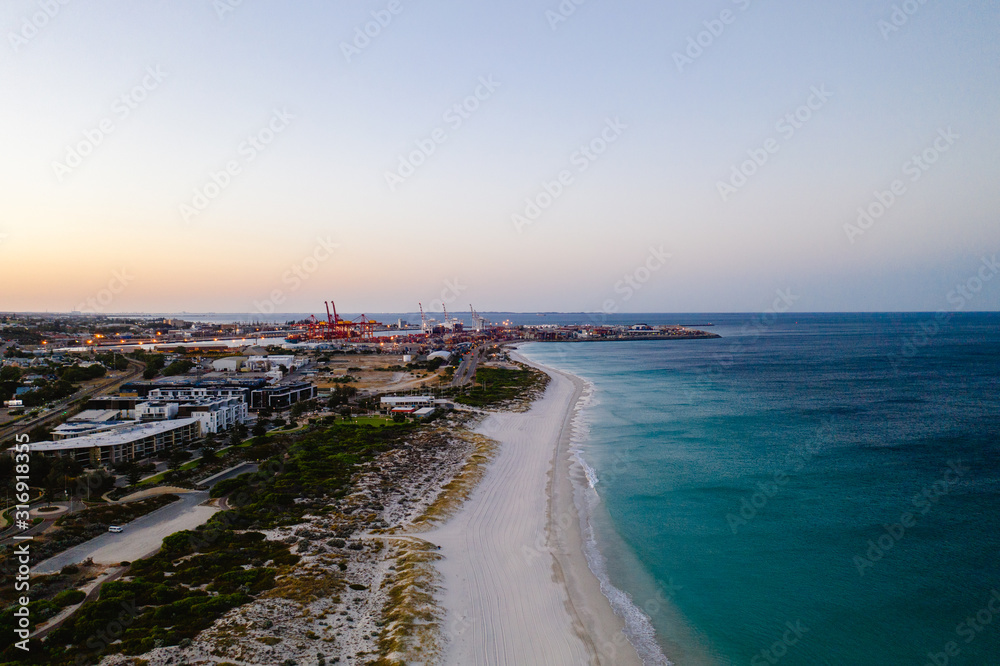 Aerial drone shot of Leighton beach, Perth. The iconic Fremantle docks can be seen in the background,.