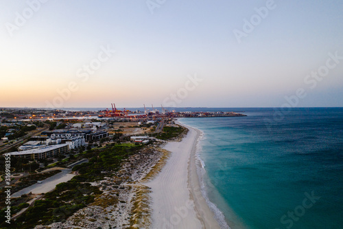 Aerial drone shot of Leighton beach, Perth. The iconic Fremantle docks can be seen in the background,.