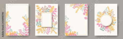 Hand drawn herb twigs, tree branches, leaves floral invitation cards collecti...
