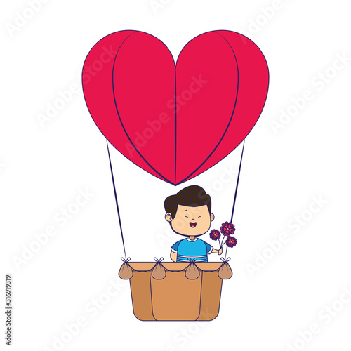 boy with flowers in hot air balloon in heart shape