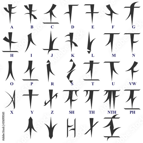 Fothonth a new creative ancient alphabets contain A - Z except Q and excursive letters SH, TH, NTH and PH and last five are free for use. It seem Cuneiform script for any games, books, novel idea.