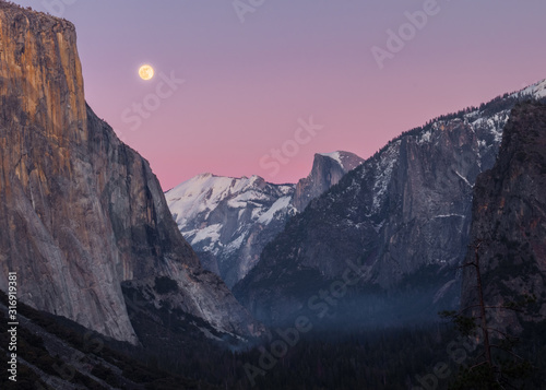 Yosemite national park after sunset with a full moon photo