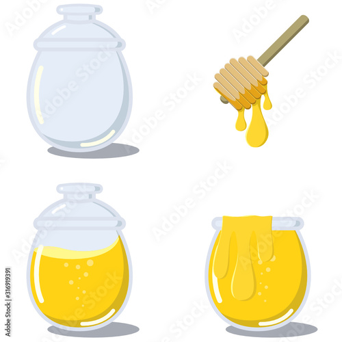 set of honey, empty jar and spoon on white background