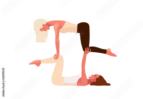 Couple of women practicing acro yoga exercise, yoga pose. Design concept of web page design or mobile website. International Yoga Day. Vector illustration