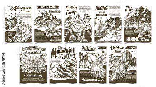 Hiking Summer Camp Advertising Banners Set Vector. Collection Of Different Creative Advertise Adventure Camp Posters. Burning Campfire And Mountains Hand Drawn Vintage Style Monochrome Illustrations