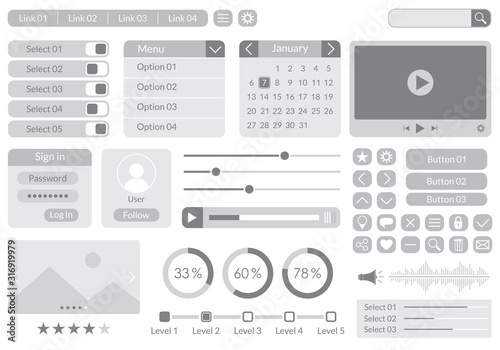 Ui kit design for app, web and mobile. Website interface template with buttons, icons, menu forms. Vector illustration.