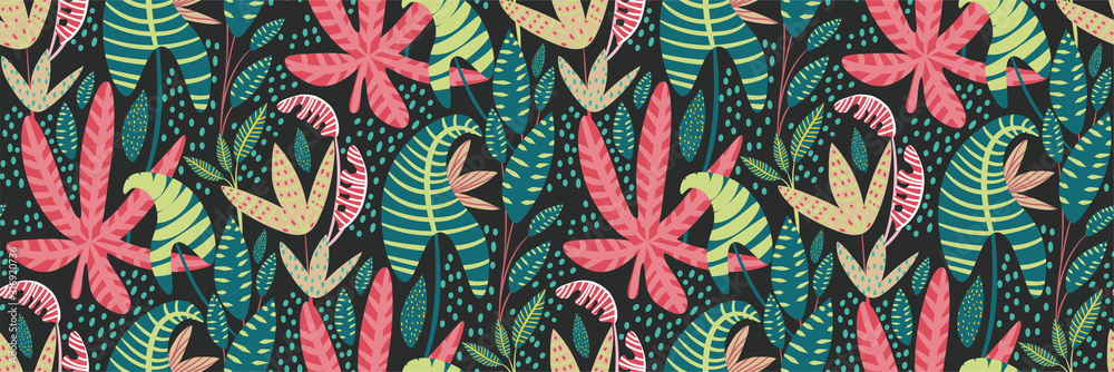 Vector seamless tropical pattern, colorful tropic foliage, palm leaves, paradise plants. Creative bright summer print design in a hand-drawn style. Exotic jungle background, fashion print, wallpaper. - obrazy, fototapety, plakaty 
