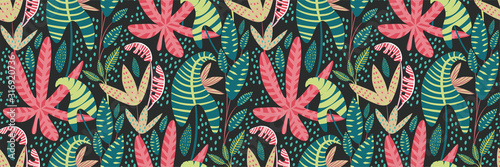 Fototapeta Wektor tropikalny wzór, kolorowe liście tropikalne, liście palmowe, rajskie rośliny. Kreatywny jasny letni nadruk w ręcznie rysowanym stylu. Egzotyczna dżungla tło, modny nadruk, tapeta.