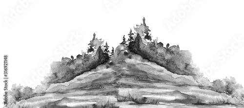 Obraz na płótnie Watercolor picture of mountains, rocks, peaks. Coniferous forest, pine, spruce, fir, cedar. Black silhouettes. Abstract vintage spots of black, white. Postcard, logo, poster. Splash of paint.Mountain 