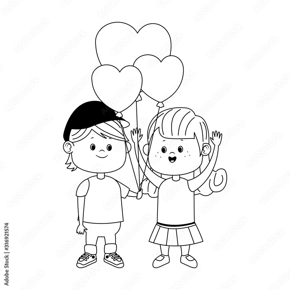 happy girl and boy with hearts balloons, flat design happy girl and boy with hearts balloons, flat design