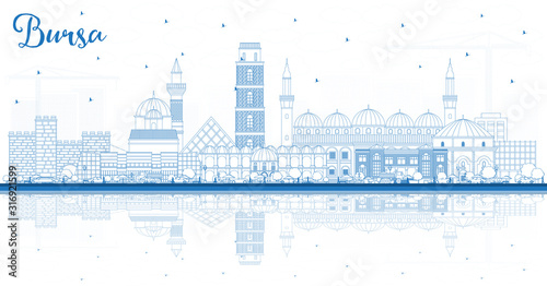 Outline Bursa Turkey City Skyline with Blue Buildings and Reflections.