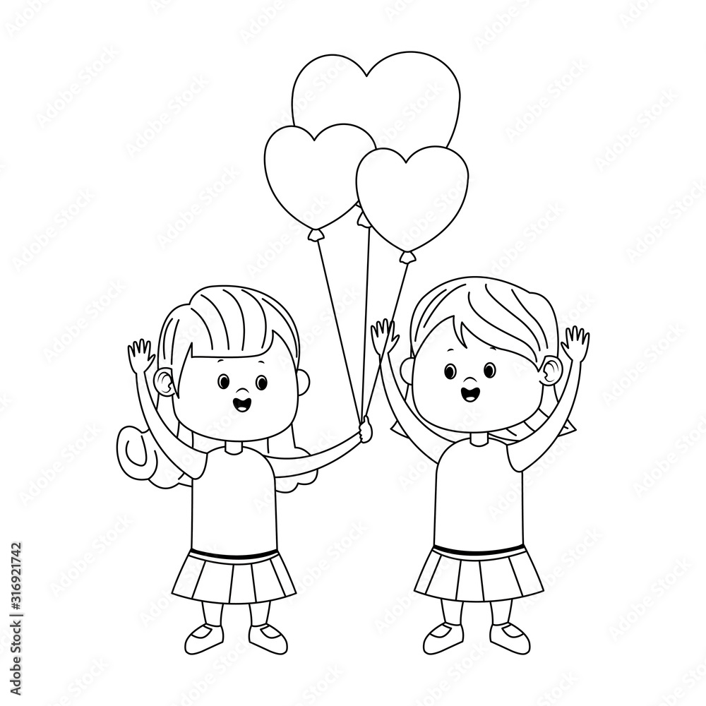 Cute girls with hearts balloons, flat design Cute girls with hearts balloons, flat design