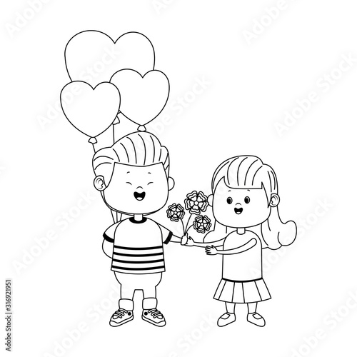 Happy boy giving flowers and heart balloons a girl, flat design