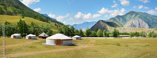 White yurts in the Altai mountains, large panorama photo