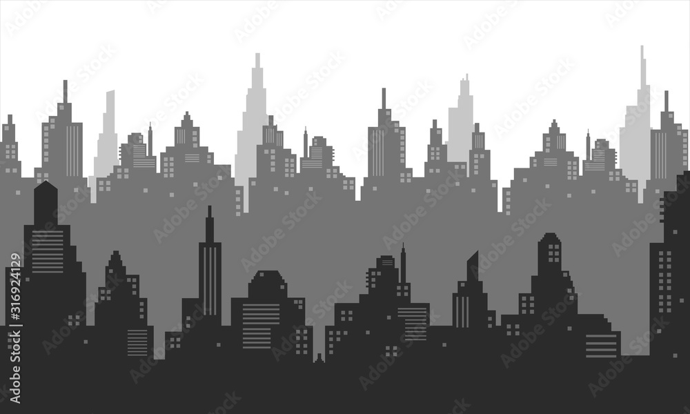 A black and white silhouette of the city
