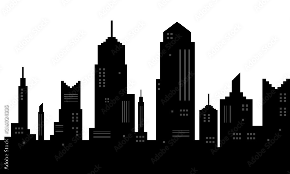 Black and white city silhouette with a panoramic background of the city