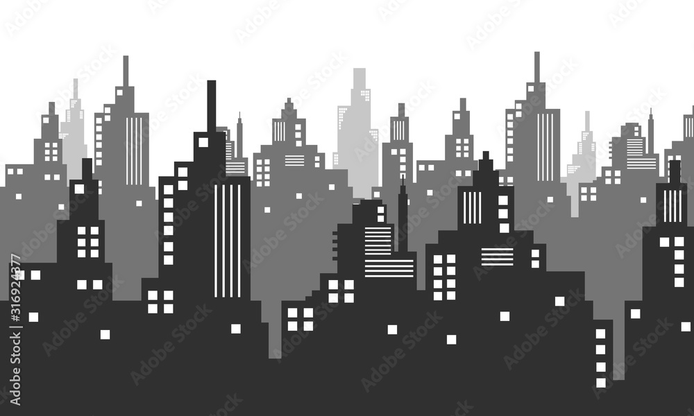 Black and white city silhouette with lots of windows