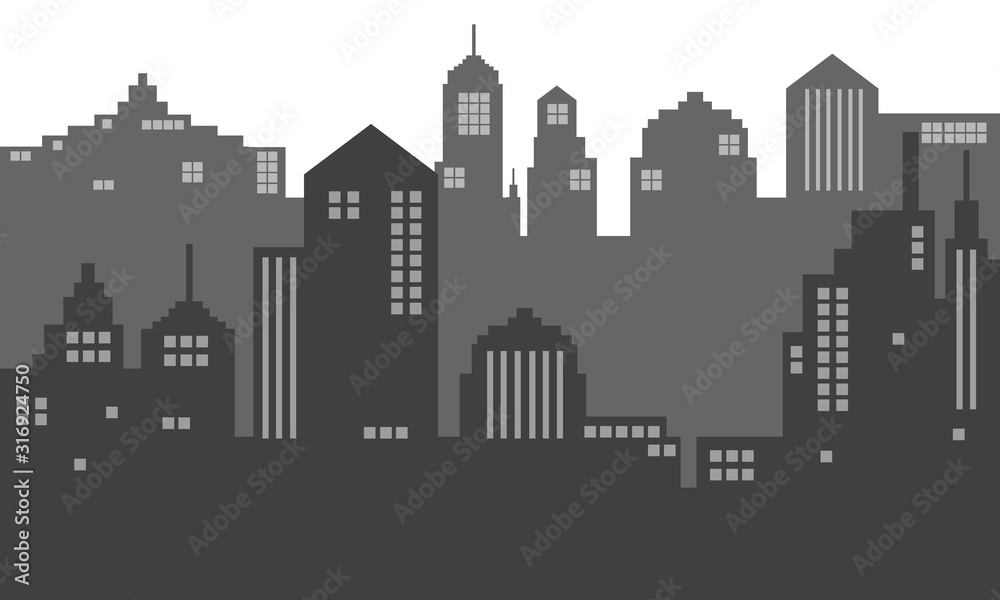 Black and white illustration of a city with shadows