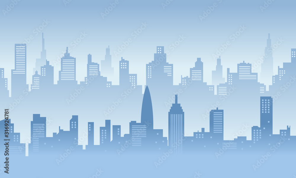 Blue city silhoette background with beautiful sky