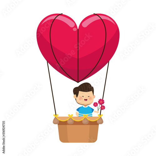 boy with flowers in hot air balloon in heart shape, colorful design