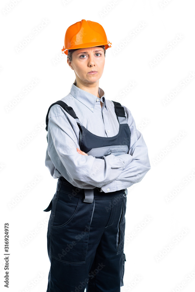 Woman builder isolated portrait with protect helmet. Isolated