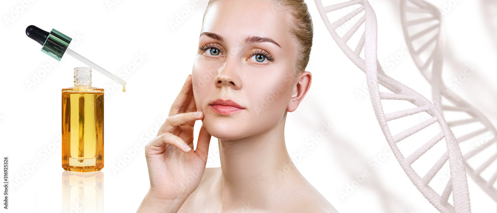 Fototapeta premium Cosmetic primer oil applying on woman face over dna background.
