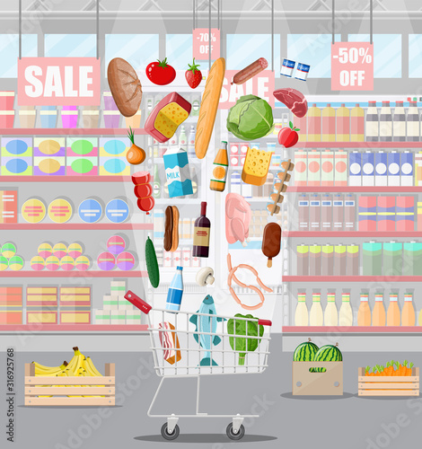 Supermarket store interior with goods. Big shopping mall. Interior store inside. Checkout counter, grocery, drinks, food, fruits, dairy products. Vector illustration in flat style