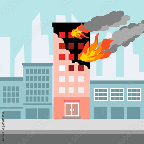 Fire burning tower of apartment building. Orange flames in the windows and smoke. Building fire flat design vector illustration.