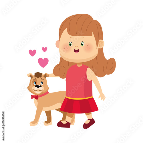 cartoon happy girl walking with cute dog