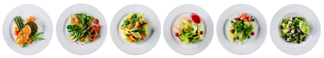 set of fresh salads isolated on white
