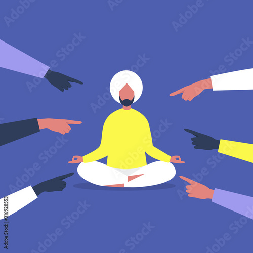 Bullying, Pointing fingers, Young indian male character ignoring haters, Modern society problems