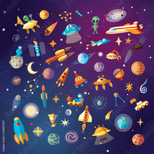 Cute cartoon space explorer, astronomy science and UFO vector set. Lunar rover, planets, rockets, space objects and aliens on cosmos background. Space explorer collection for kids