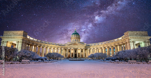 Kazan Cathedral or Kazanskiy Kafedralniy Sobor also known as the Cathedral of Our Lady of Kazan  is a Russian Orthodox Church on the Nevsky Prospekt in Saint Petersburg  Russia. Snow winter night.