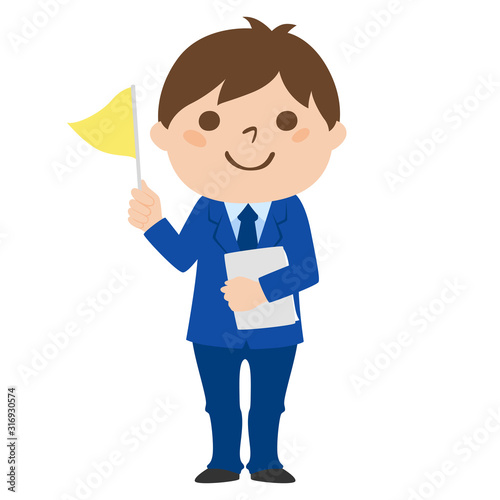 職業のイラスト。団体ツアーに添乗する若い男性。