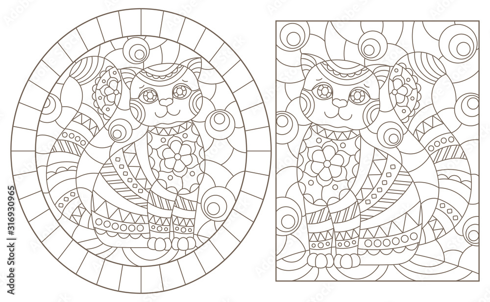 Set of contour illustrations of stained glass Windows with cute cartoon cats , dark contours on a white background Set of contour illustrations of stained glass Windows with cute cartoon cats , dark contours on a white background