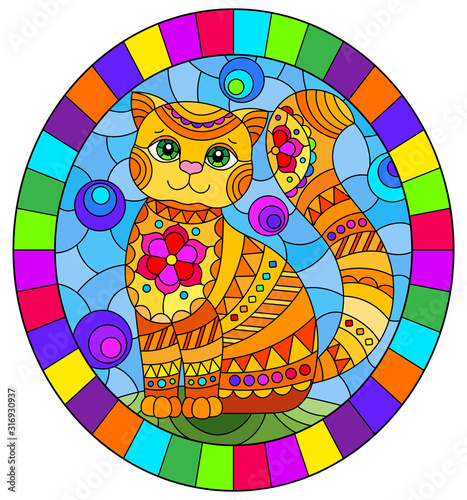 Illustration in stained glass style with abstract cute red cat on a blue background, oval image in bright frame