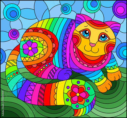 Illustration in stained glass style with abstract cute rainbow cat on a blue background