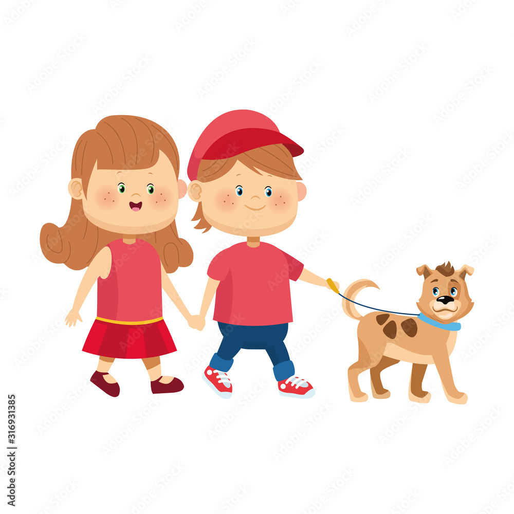 happy couple walking with cute dog, colorful design happy couple walking with cute dog, colorful design