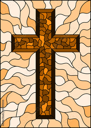The illustration in stained glass style painting on religious themes, stained glass window with a  Christian cross , tone brown, sepia 